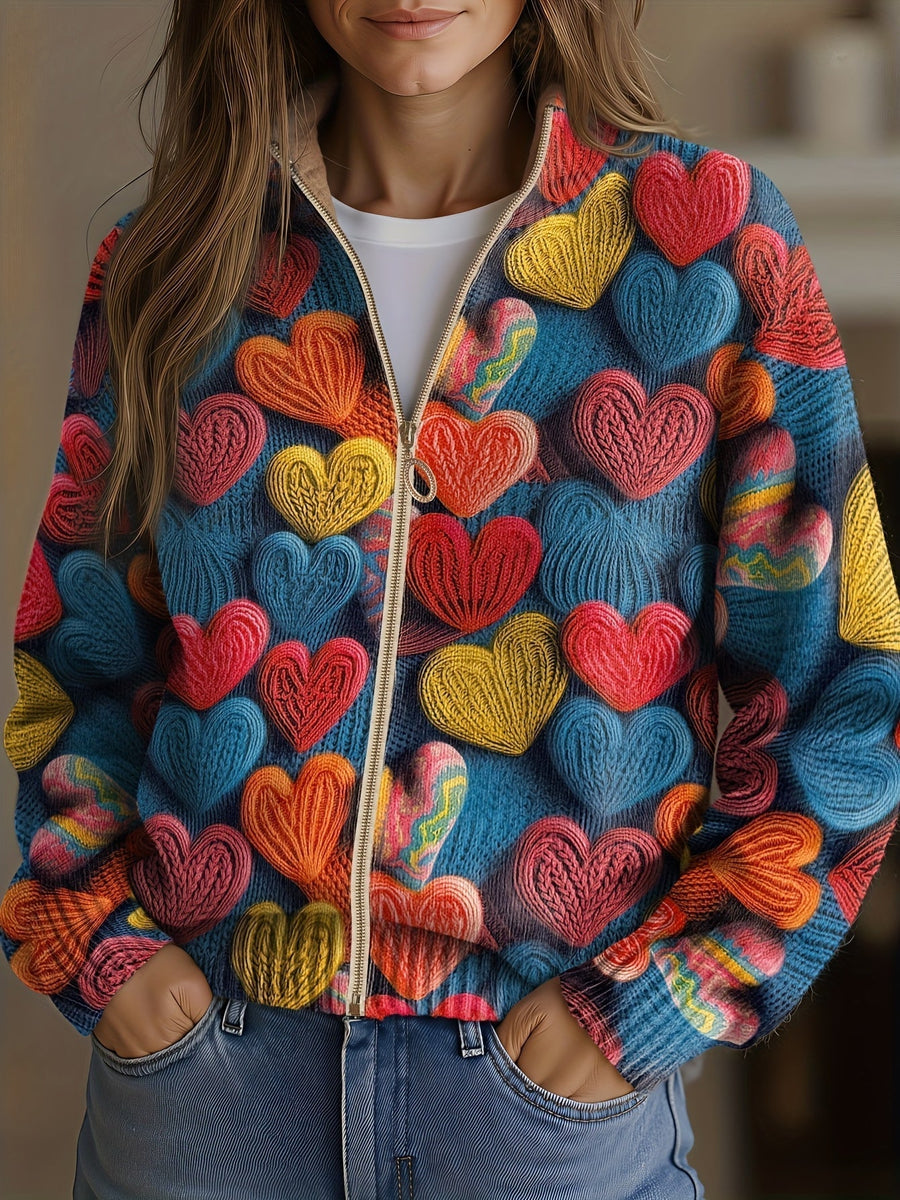 Valentine™ | Textured knit cardigan with multicolored hearts