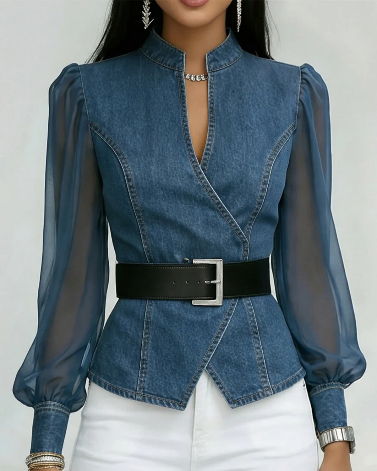 Alessia | Denim Top with Chiffon Sleeves
