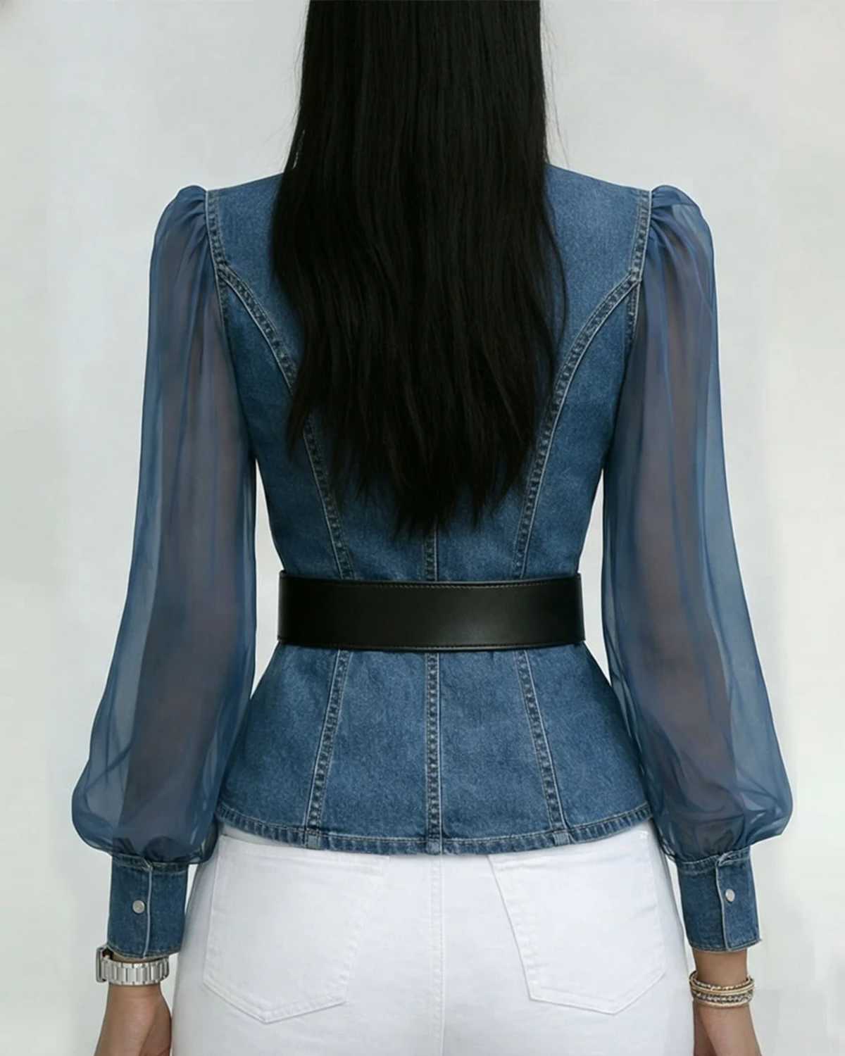 Alessia | Denim Top with Chiffon Sleeves