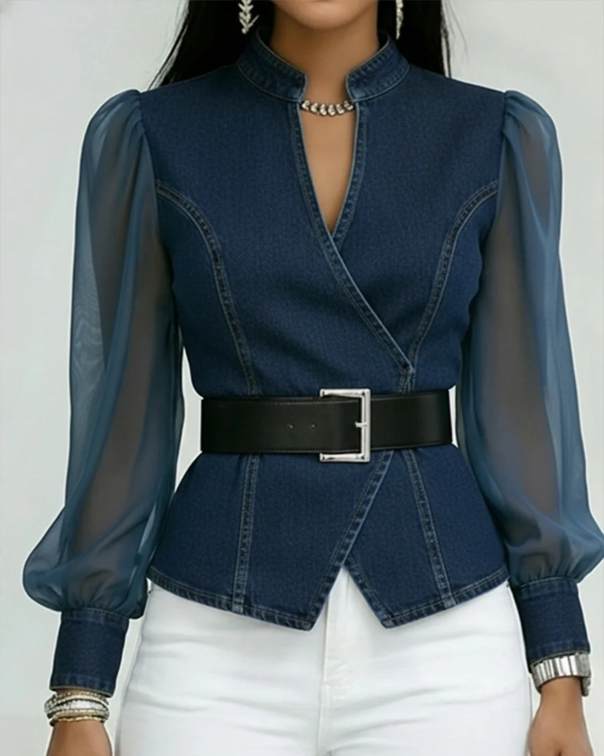 Alessia | Denim Top with Chiffon Sleeves