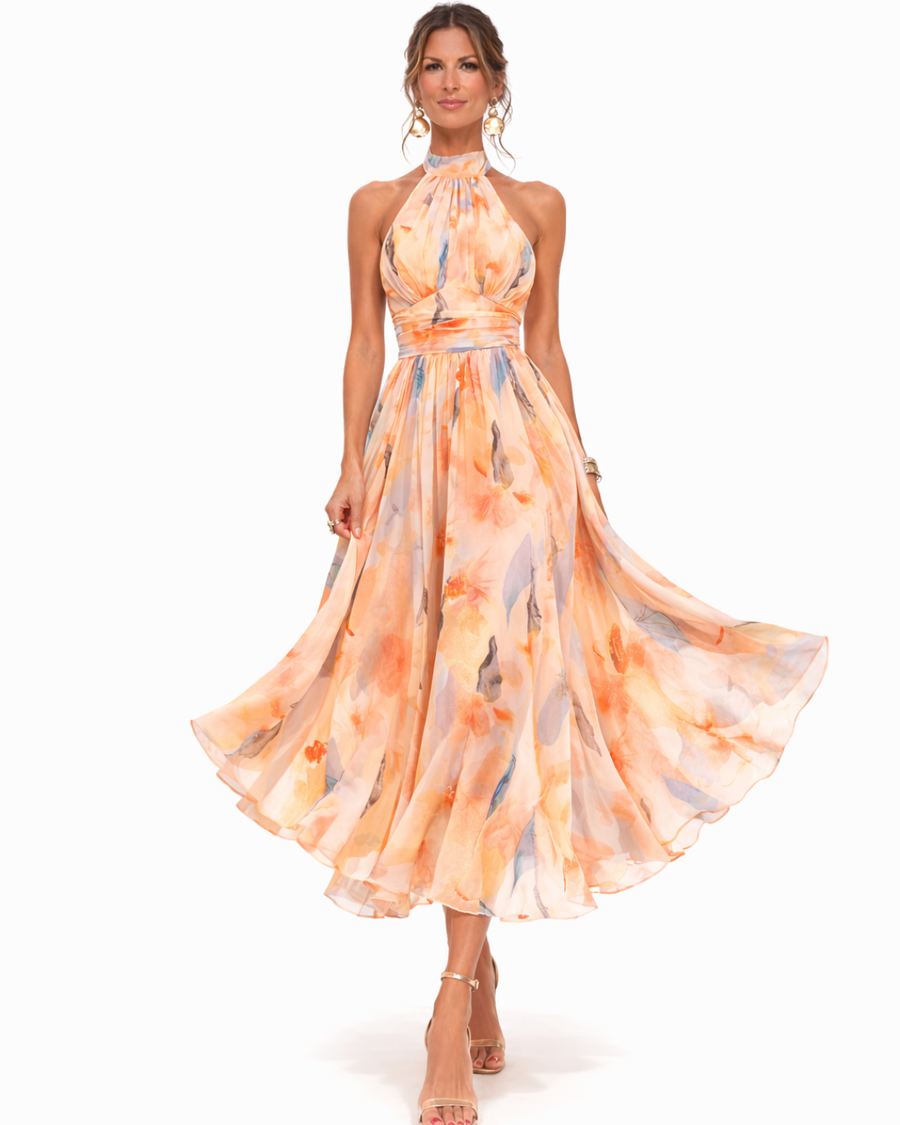 Aurora | Halter Neck Dress with Watercolor Pattern