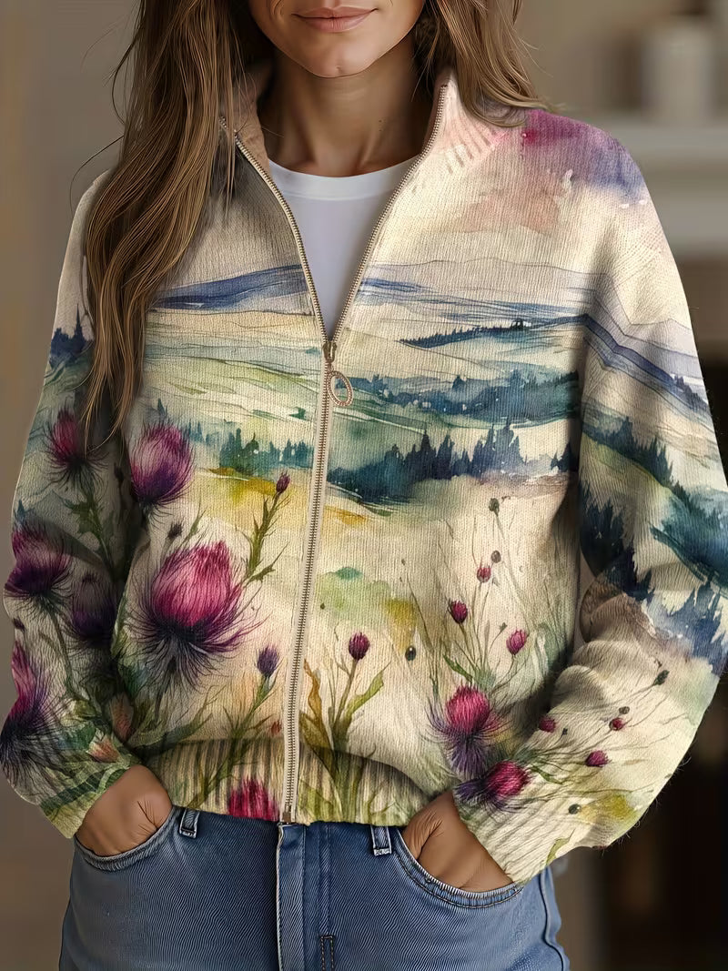 Zelda™ | Zipped Cardigan with Scottish Thistle Landscape