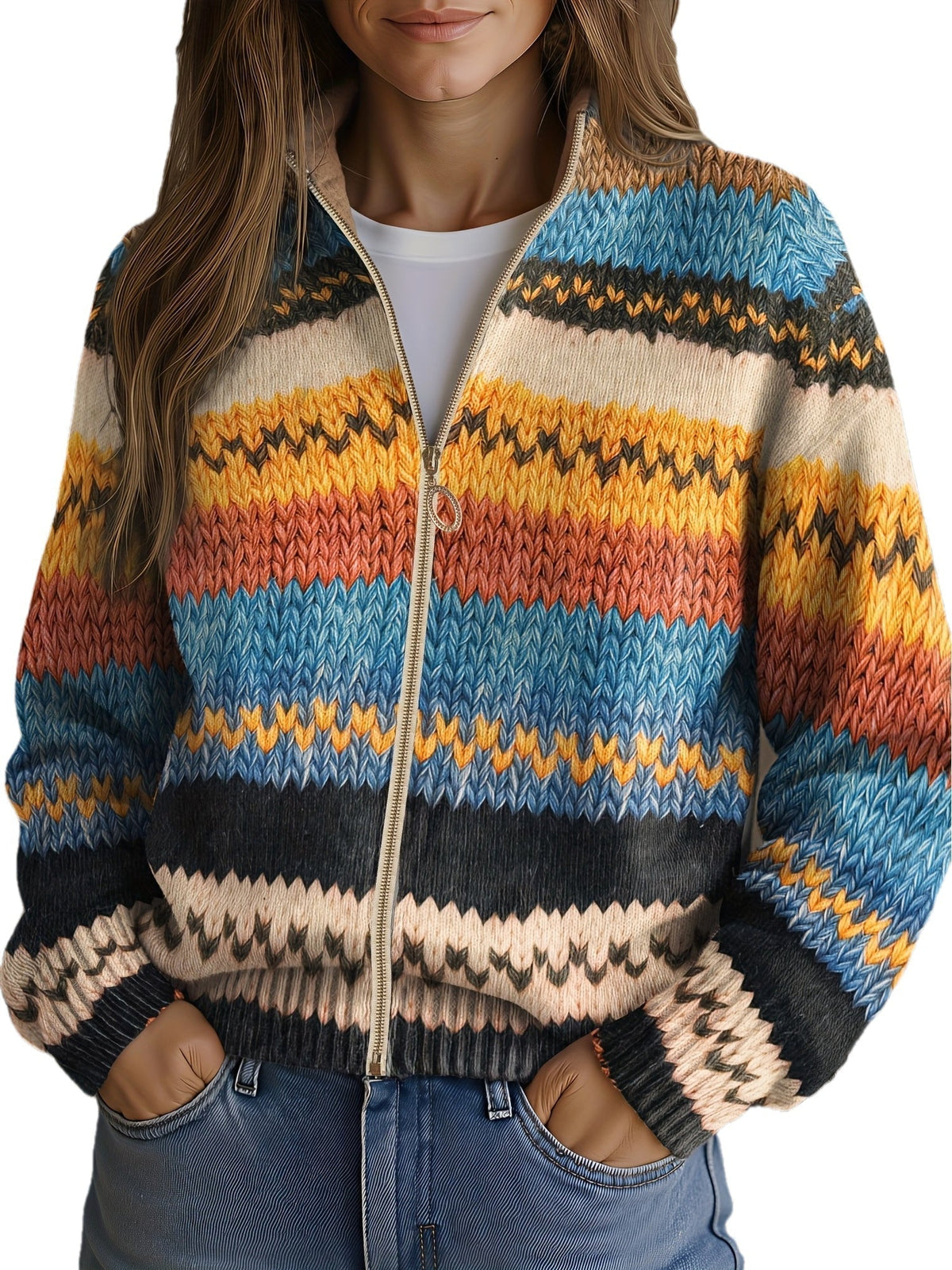 Yseult™ | Multicolored Zigzag Stripe Knit Cardigan
