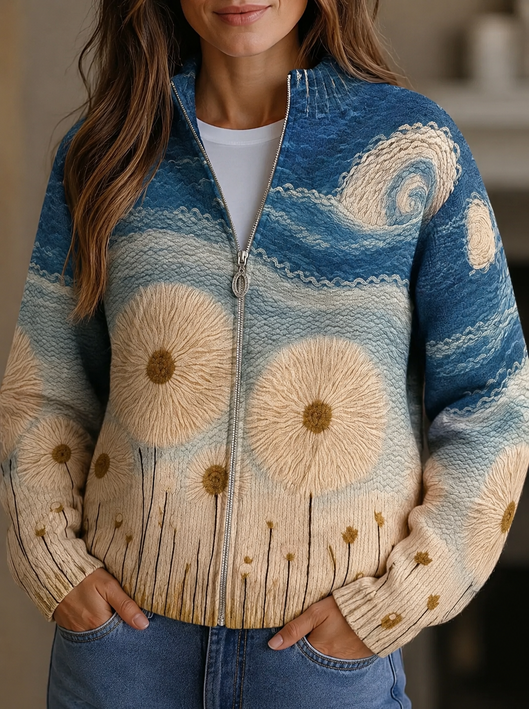 Yolanda™ | Quilted Zip-Up Cardigan Dandelion Field