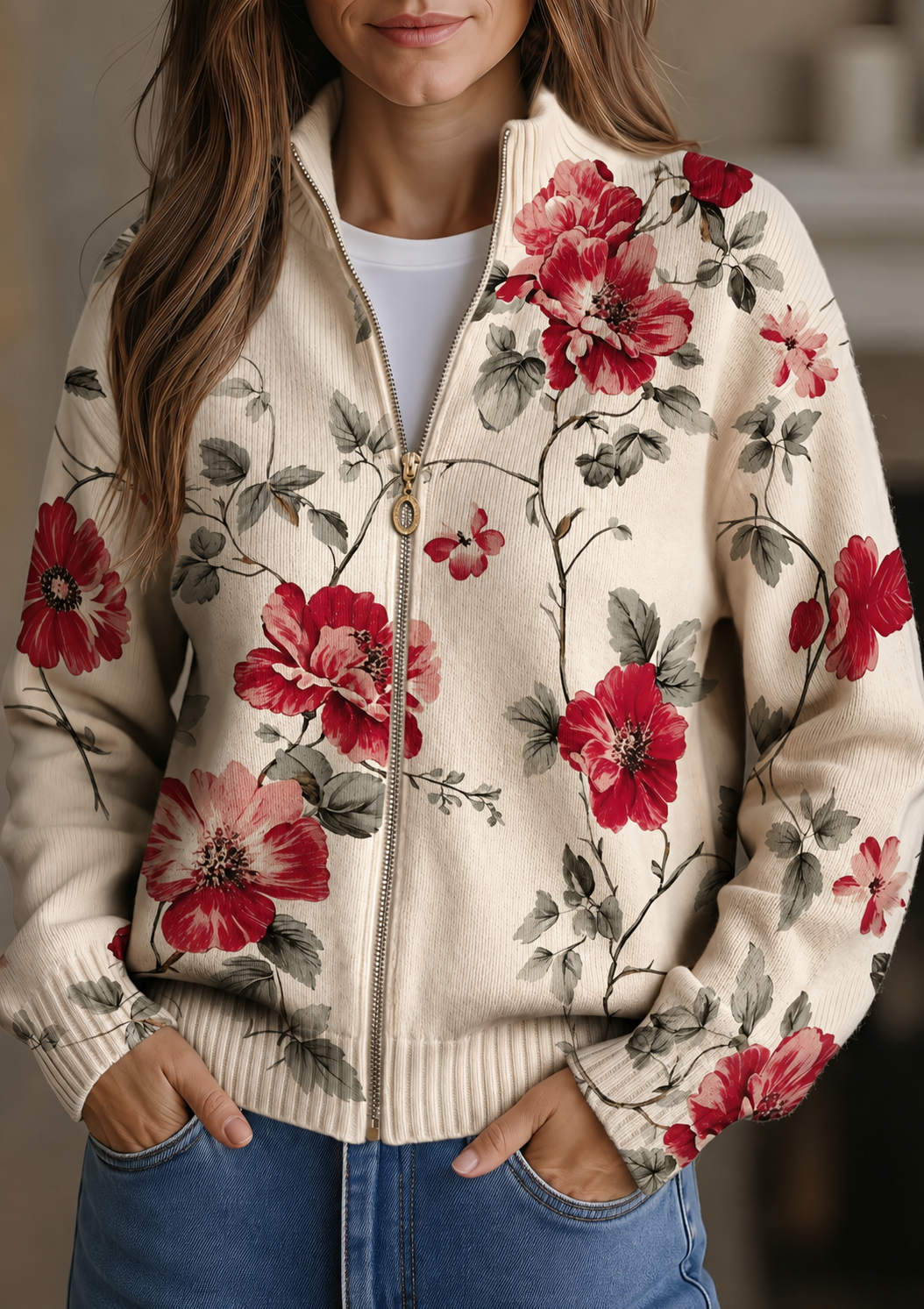 Wilhelmine™ | Zipped Cardigan with Vintage Pink Print