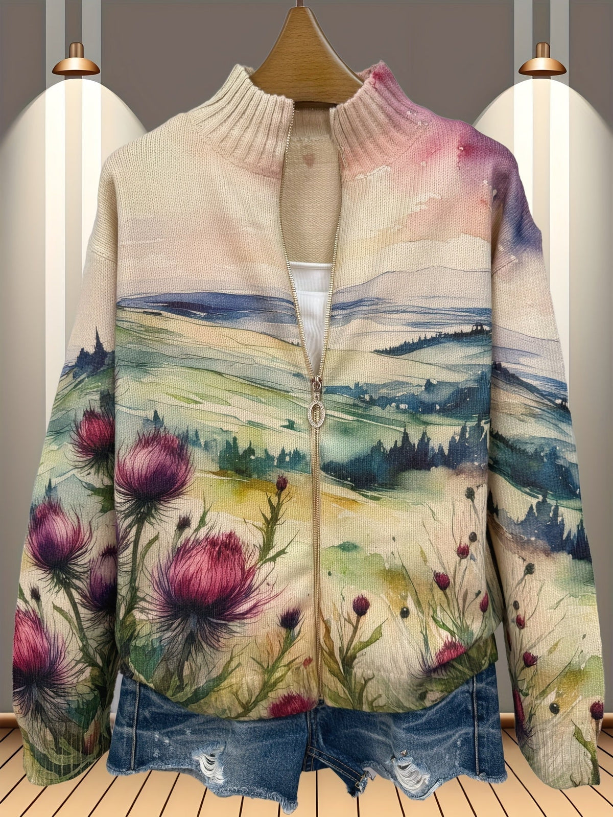 Zelda™ | Zipped Cardigan with Scottish Thistle Landscape