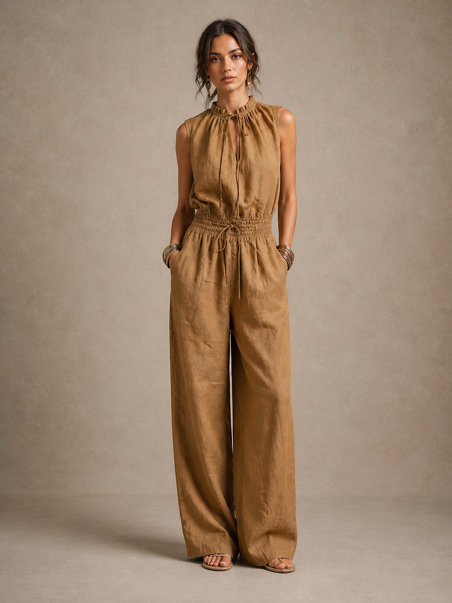 Zenaide | Camel Jumpsuit with Tied Neck and Wide Legs