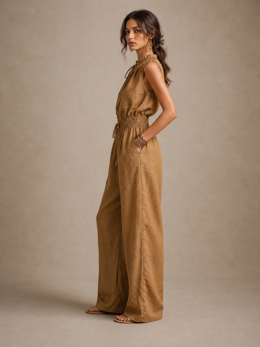 Zenaide | Camel Jumpsuit with Tied Neck and Wide Legs