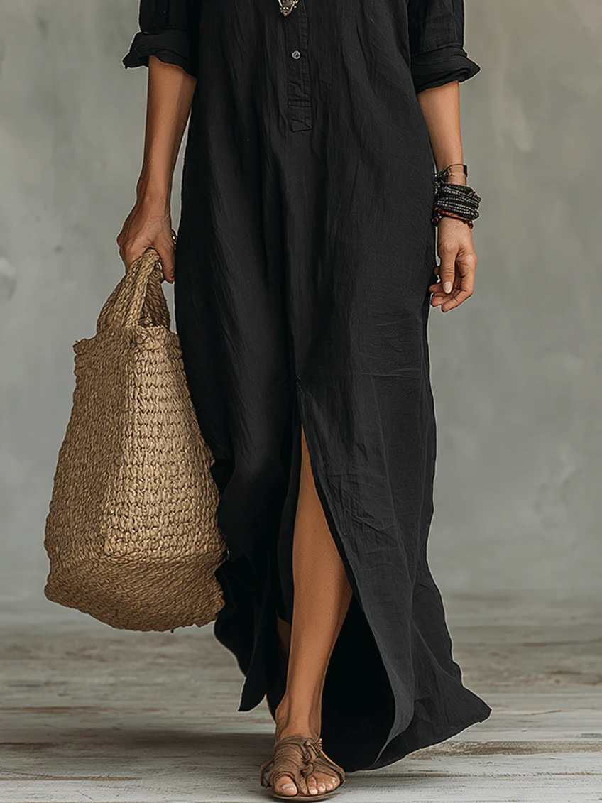 Soline | Long Black Maxi Dress with Buttons