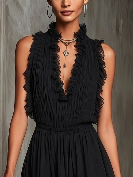 Flaminia | Pleated Jumpsuit with V-Neck and Lace