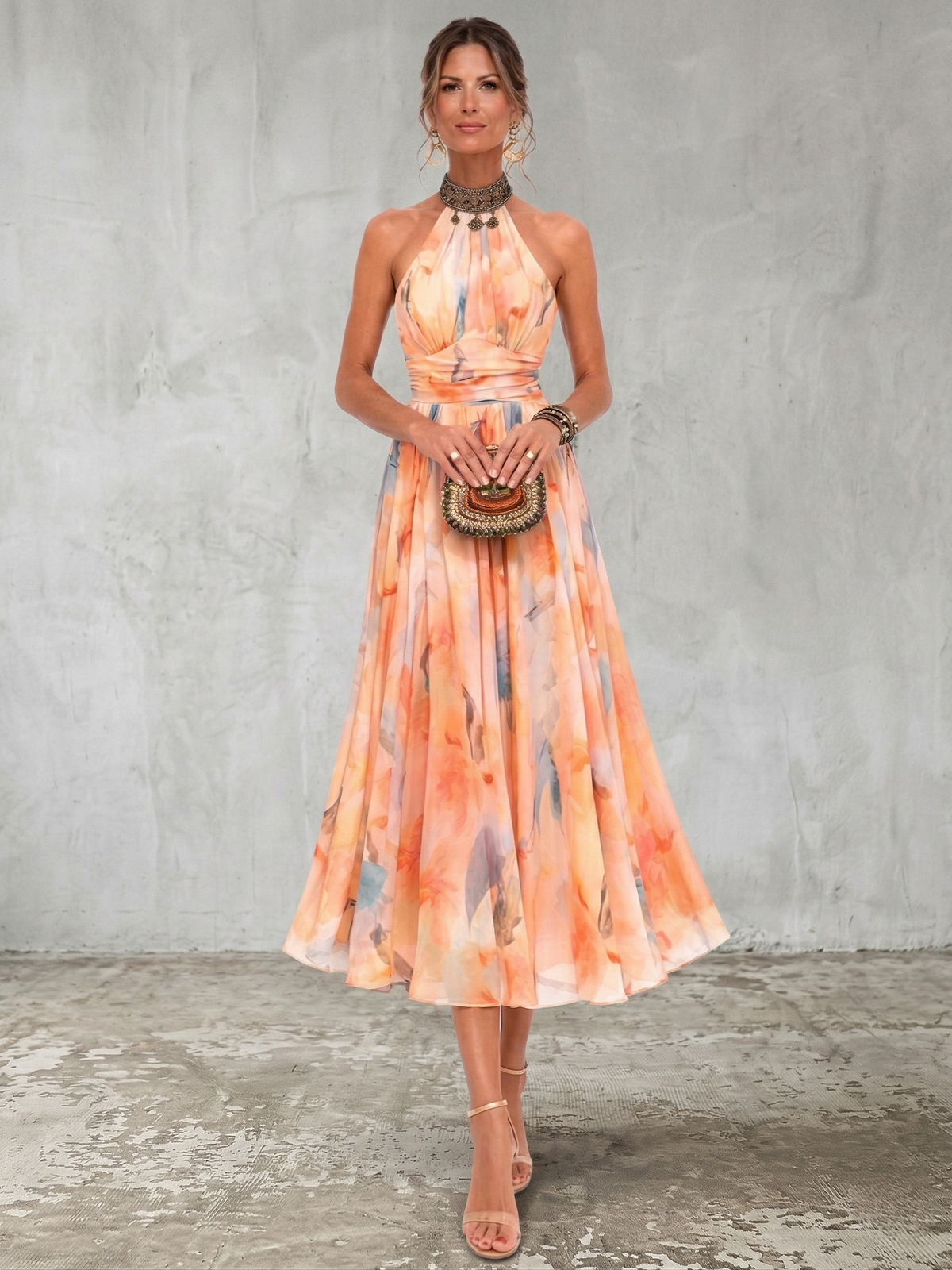 Aurora | Halter Neck Dress with Watercolor Pattern