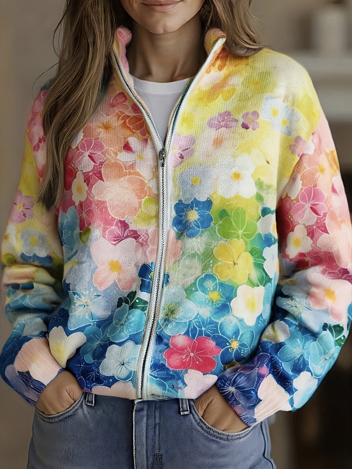 Augusta™ | Zipped Cardigan Ombre Floral Watercolor