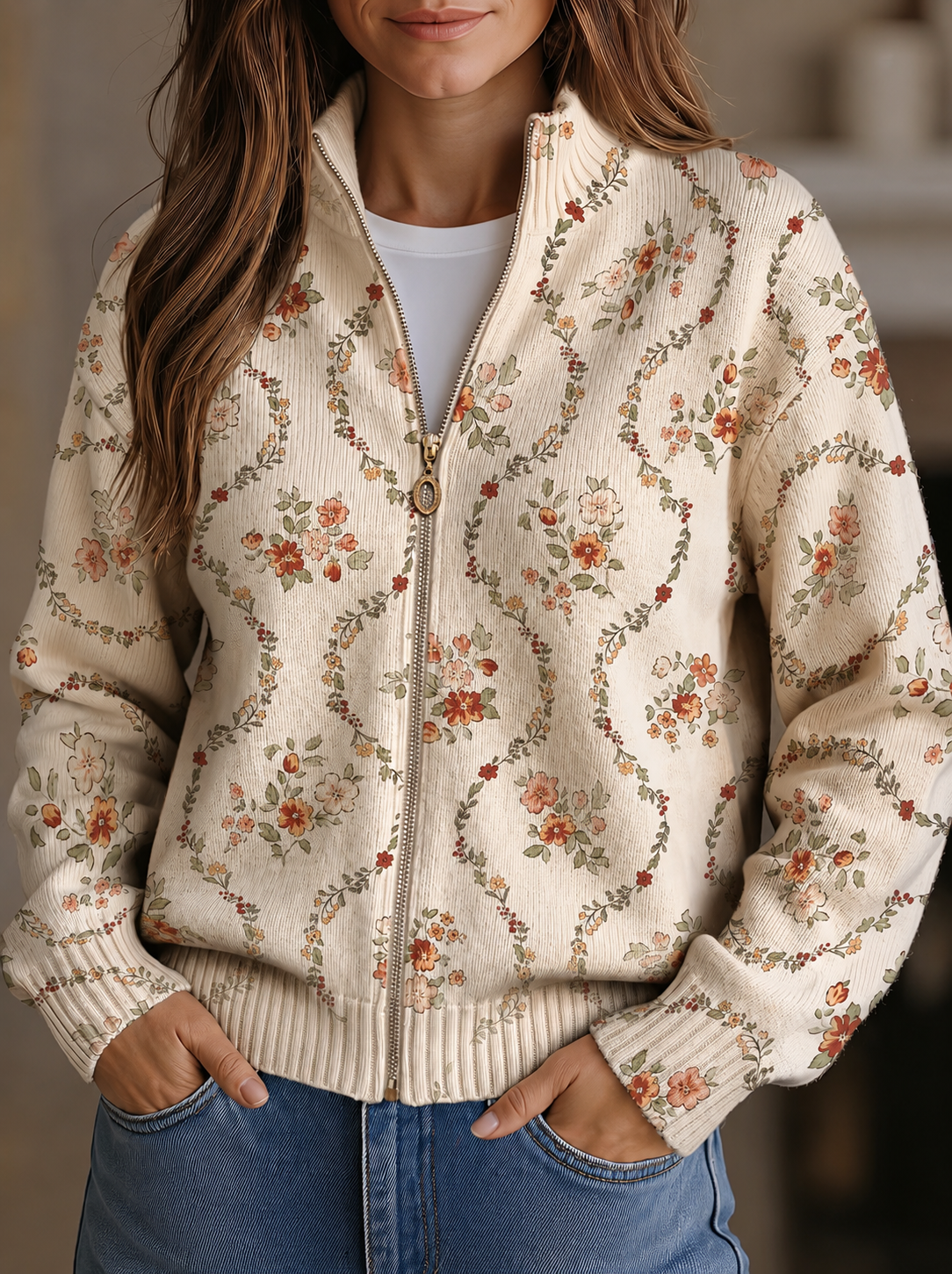 Persephone™ | Delicate Floral Cream Print Cardigan