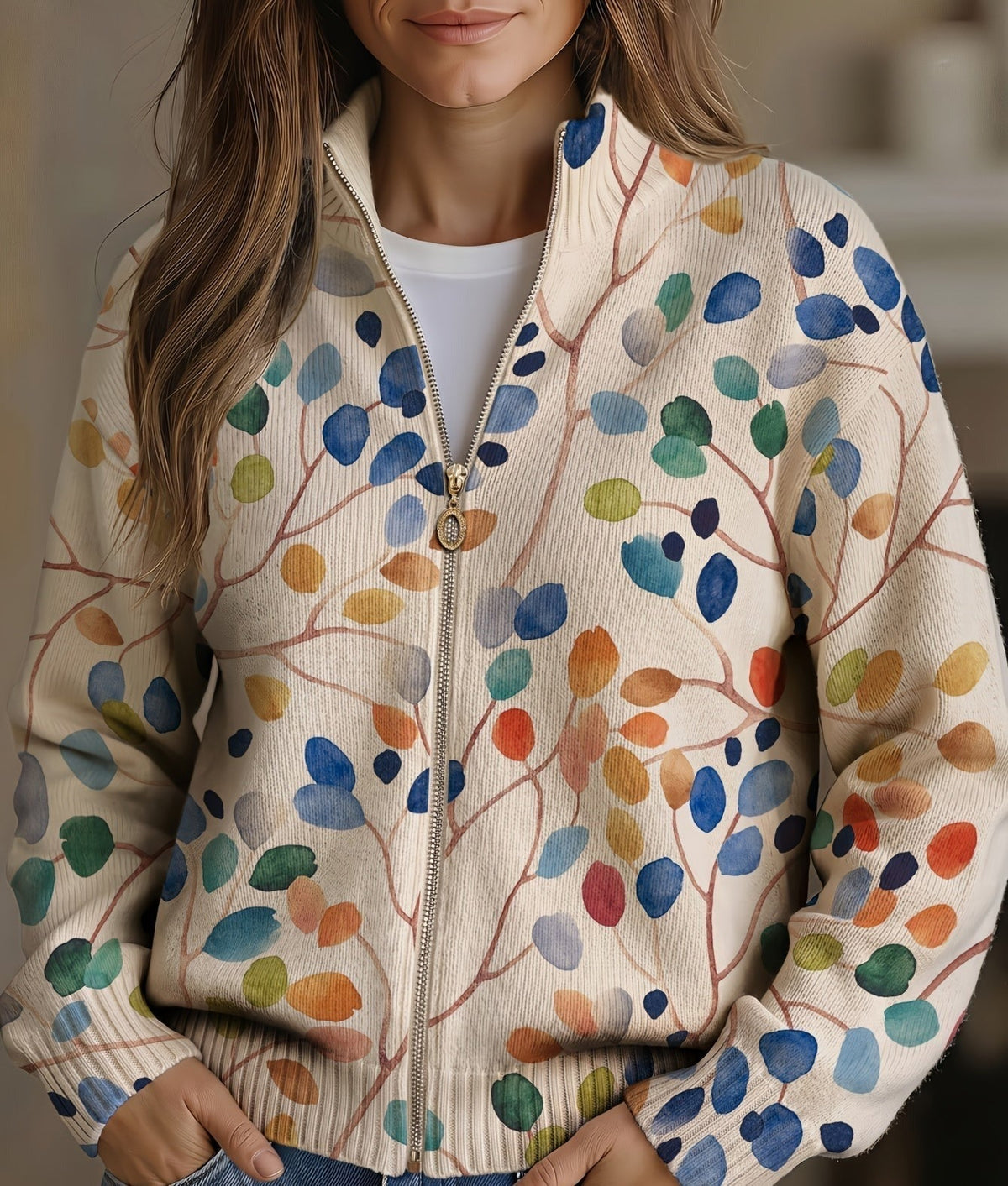 Imogene™ | Zip-up cardigan with botanical leaf print