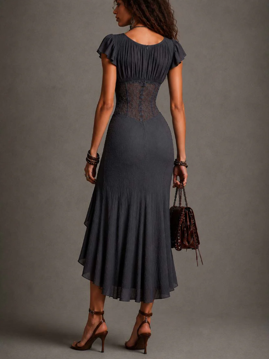 Camelia | Anthracite Gray V-Neck Midi Dress