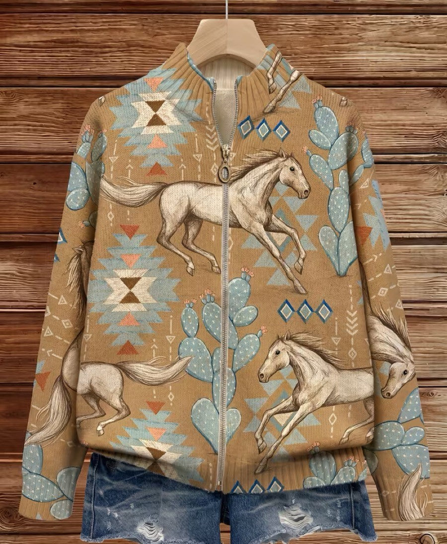 Perpetua™ | Zip-Up Cardigan Desert Horse and Cactus