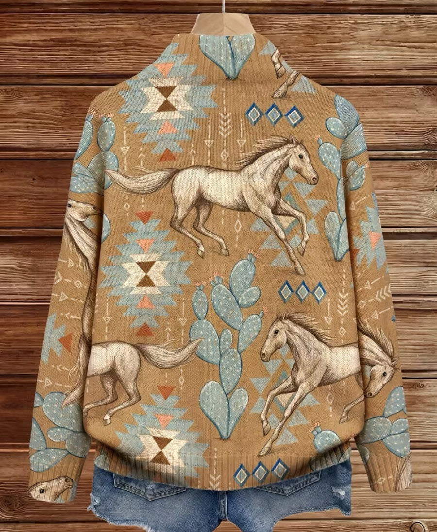 Perpetua™ | Zip-Up Cardigan Desert Horse and Cactus