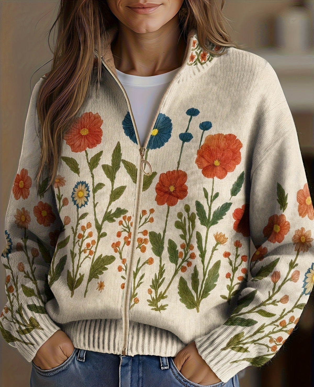 Wrenna™ | Zip-Up Cardigan Prairie of Wildflowers